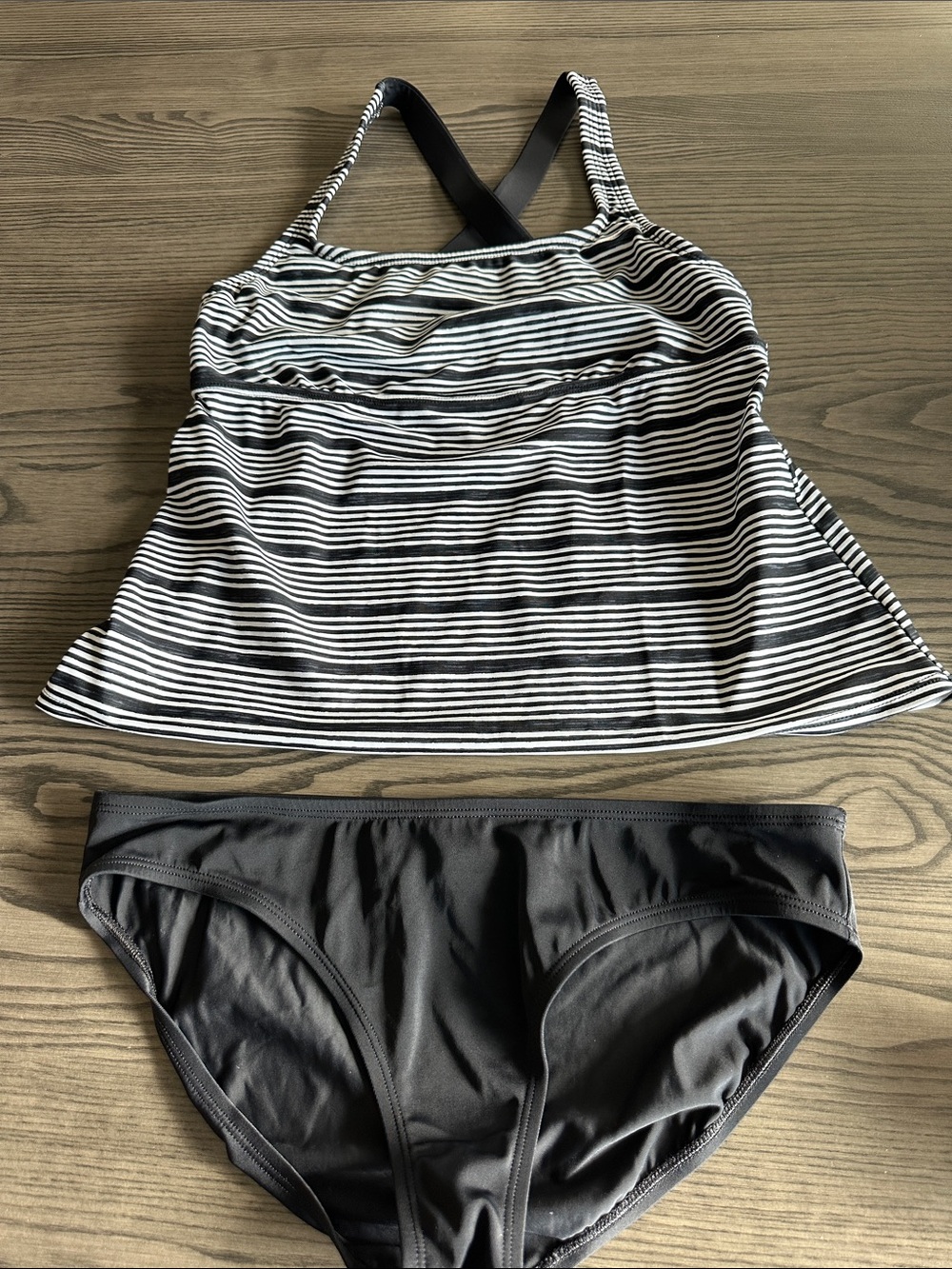 Nike Black & White Striped Tankini Top with Solid Black Bottom